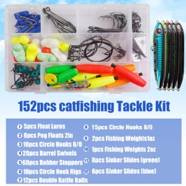 Catfish Rig Making Kit Catfishing Accessories 152pcs Catfish Tackle with Santee Rig Rattling Line Float Peg Floats Bobbers Catfish Floats Circle Hook Swivels Rigs Pyramid Weights Rattle Bells