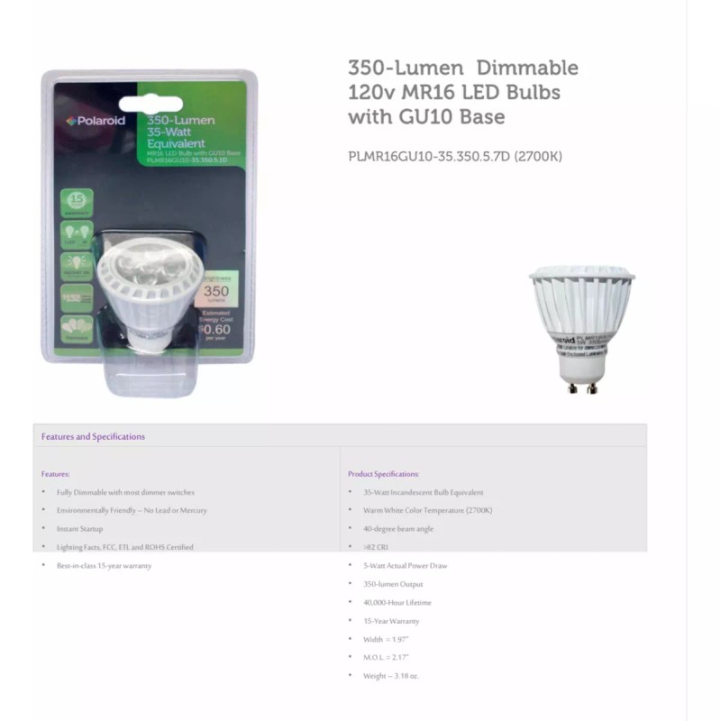 Polaroid Foco Bombilla Led Mr16 Gu10base Polaroid Regulable 350l 35wt