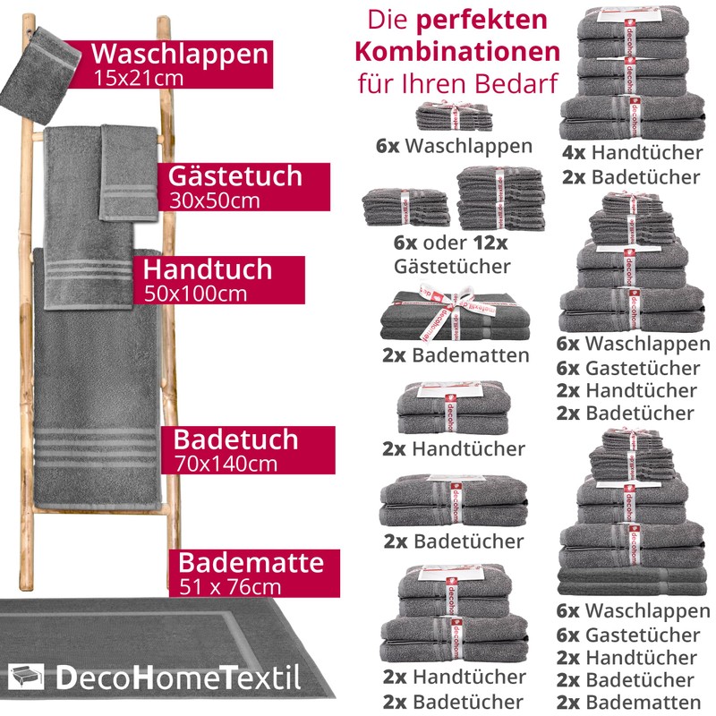 DecoHomeTextil Hand Towel Set, 2 Hand Towels in Dark Grey,