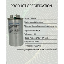 40+5uF 40/5MFD ±6% 370V AC or 440V AC CBB65 Dual Run Circular Start Capacitor CBB65B Air Conditioner Capacitors for AC Motor Run or Fan Start or Condenser Straight or Heat Pump