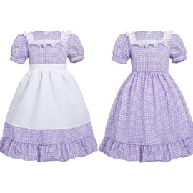 CR ROLECOS Kids Prairie Pioneer Dresses for Girls Ruffles Colonial Pilgrim Costumes Dress 3 Pieces Purple Polka Dots L