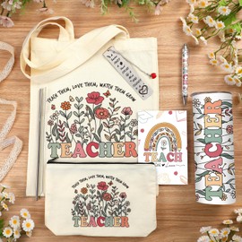 Geiserailie Teacher Appreciation Gifts for Women Thank You Gifts for Teacher from Student Back to School Retirement Set with 20 oz Tumbler Tote Makeup Bag Card Pen(Wildflower Style)