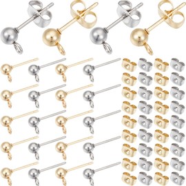 SOFPLATE 1 Box 100Pcs Ball Post Earring Studs Hypoallergenic Earring Posts Silver Stainless Steel Ear Studs with Butterfly Ear Back and Loop Round Stud Earring Findings for jewellery Making Supplies D