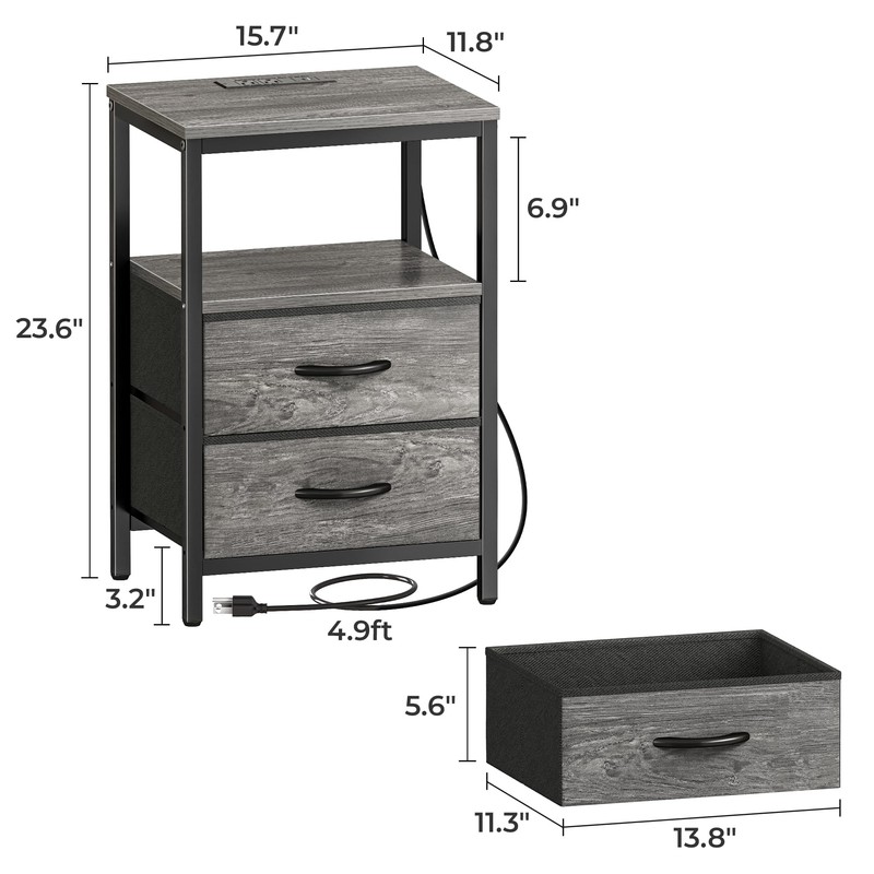 Huuger Nightstand with Charging Station, Fabric Drawers, End Table with
