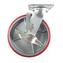 Hy-Weld 8" x 2" Red Polyurethane on Cast Iron Casters -  Swivel with Brake