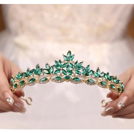 Rannyrena Silver Crystal Crown Tiara for Women Glitter Rhinestone Bridal Wedding Crowns Headband with Pearl Princess Quinceanera Headpieces for Birthday Prom Pageant Party (03Gold-green, Standard)