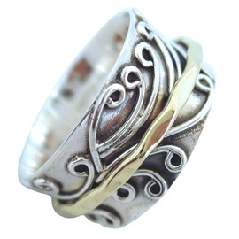 Energy Stone Radha Ring, Floral Pattern, Sterling Silver with Brass Rotating Ring (Style UK05), Sterling Silver, Silver