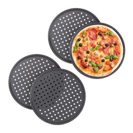 Relaxdays 10030761 Pizza Tray, Set of 4, Round, Perforated, Non-Stick Pizza & Tarte Flambée, Steel, Crisp Tray, Diameter 32 cm, Anthracite
