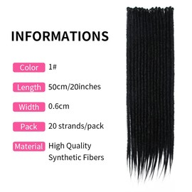 20 Inch 20 Strands/Pack Synthetic Dreadlocks Extensions Thin 0.6cm Crochet Braided Hair Soft Dreads Single Ended Dreadlocks Reggae Hip-Hop Hippie Style, Black