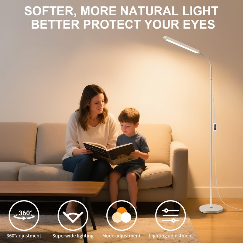 White LED Reading Floor Lamp, Bright 12W Dimmable Standing Light,