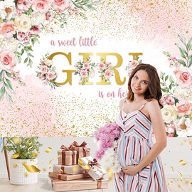 A Sweet Little Girl is on Her Way Banner Backdrop 2.1x1.5m Sweet Girl Baby Shower Photography Background Pink Floral Sweet Baby Shower Party Decorations Photo Booth Props