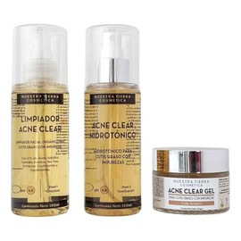 Nuestra Tierra Cosmética Kit Acne Clear Orgánico, Limpiador Facial, Hidrotónico y Gel, para Cutis Graso con Impurezas                                 