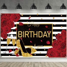 Women Birthday Decorations Happy Birthday Backdrop Photography Background Red Rose Birthday Party Decor Gold High Heels Champagne Glass Banner for 30th 40th 50th 60th Party Supplies, 6 x 3.6 ft