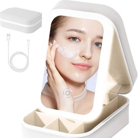 Travel Portable LED Makeup Mirror Case for Women - Dust-Proof Jewelry Case with 3 Adjustable Color Light Settings, Multi-Compartment Storage Box - Color: White