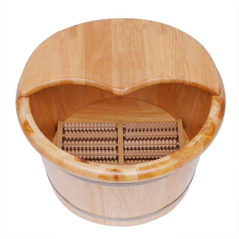 AngelcityCC Wood Foot Tub with Massager and lid, Solid Wood