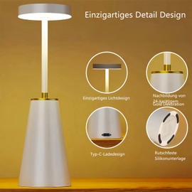 Puhui Wireless LED Table Lamp, Dimmable, IP54 Waterproof, 3 Colour Temperatures, Touch Control, Metal + PC Case, for Indoor and Outdoor Use, Dining Table, Bedside, Reading, Bedroom (White)