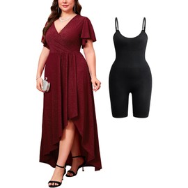 ZOMVA Plus Size 1X-4X Sparkly Glitter Formal Maxi A Line Dress Sparkle Wrap Ruffle Sleeve Prom Dresses Cocktail Evening Gown, Burgundy & Black Shapewear, 2X