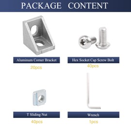 2020 Aluminum Profile Connector Set,20pcs Corner Bracket+40pcs 20 Series M5 T Nuts + 40pcs M5x8mm Hex Socket Cap with Wrench (Silver)