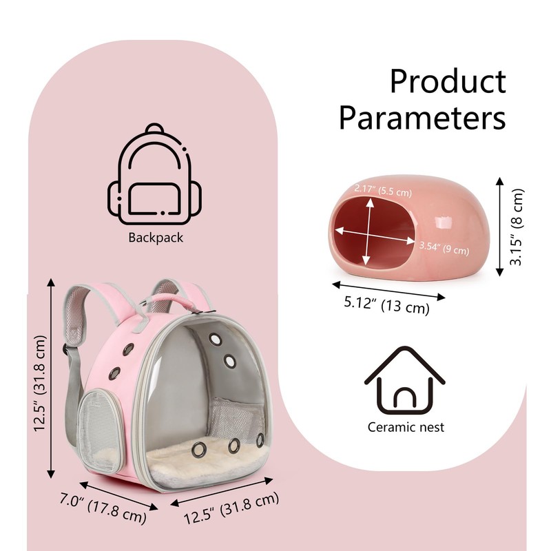 2-Pack Small Animal Backpack Carrier & Ceramic Hamster Hideout for