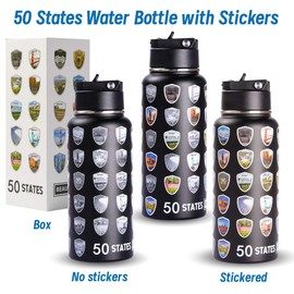 Beautsque 50 States Water Bottle with Stickers, National Parks Water Bottle, Stainless Steel Insulated Bottles with Straw,3D Printed,32 oz,Double Stickers,Black