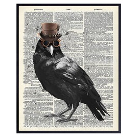 Steampunk Edgar Allan Poe The Raven Wall Art - Gothic Home Decor - Goth Room Decor - Renaissance Hipster Dictionary Art Accessories for Bedroom, Living Room - Hipster Gift for Men, Women