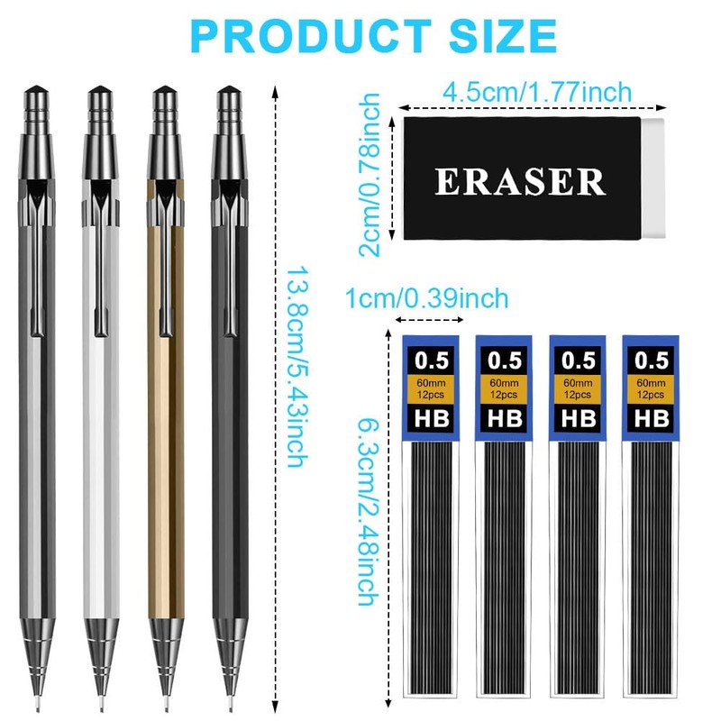 OFFCUP Metal Mechanical Pencils Set, 4Pcs Propelling Drafting Pencil, 0.5mm