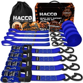 HACCOPLANET Ratchet Straps, 5280lb Break Strengeth, 1.6" Heavy Duty Ratchet Tie Down Strap Set w/Padded Handle, S Hook, Soft Loop for UTV Motorcycle Truck Cargo Straps (Blue, 8FT)