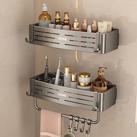 2 Shelf Corner Shower Caddy - Suction Cup, With Towel Bar And 8 Hooks, Heightened thickened, Rust-Proof Aluminum Alloy, No Drilling Bathroom Organizers And Storage Racks, Space-Saving