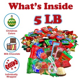 Bulk Christmas Chocolate Mix, 5 Lb Individually Wrapped Holiday Candy, Miniature Christmas Chocolate Candy, Includes Peanut Butter Trees, Chocolate Santa, Peppermint Bells, Festive Holiday Candy in Red, Green, Gold Colored Wrapping
