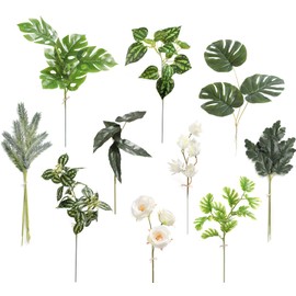 GAATEEK Artificial Greenery Stems Box Set，34 Pcs with 10 Kinds of Faux Greenery Branches Fake Leaves for Wedding DIY Bouquets Floral Arrangement Table Centerpieces(Tropical White Green)