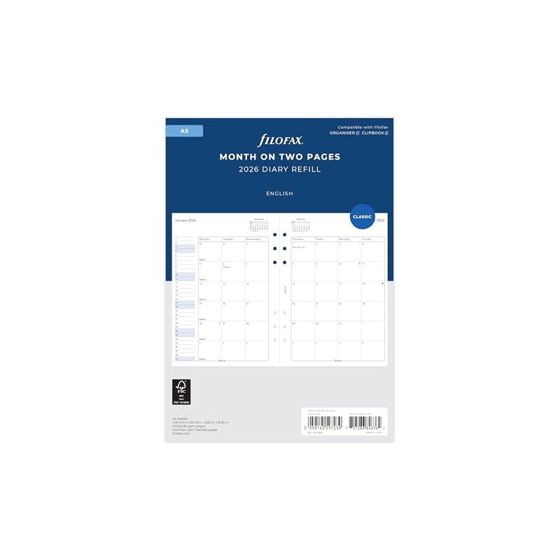 Filofax Personal Organizer Refill, Starts January 2026, A5 Monthly, White,