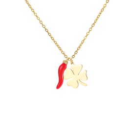 Dreamtimes Italian Horn Chain for Women Four Leaf Clover Pendant Necklace Red Pepper Necklace Amulet Pendant Necklaces Lucky Charm Pendant Talisman Protective Jewelry, Medium, Stainless Steel, No