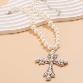 Girlssory Pearl Cross Necklace Big Cross Choker Chunky Pearl Necklace Gothic Cross Necklace Punk Vintage Cross Jewelry for Women (Silver)