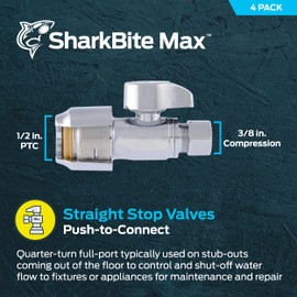 SharkBite Max 1/2 x 3/8 Inch Compression Straight Stop Valve, Pack of 4, Quarter Turn, Push to Connect Brass Plumbing Fitting, PEX Pipe, Copper, CPVC, PE-RT, HDPE, UR23037A4