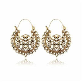 Spiritrain Boho Antique Carved Flower Dangle Drop Geometric Hoop Earrings - Gold, Bronze - Zinc - No Gemstone - Lightweight - Matte Finish