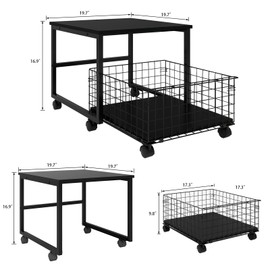 PUNCIA 19.7x19.7in Mobile Mini Fridge Stand with Large Capacity Storage Beverage Refrigerator Table with Wheels Rolling Compact Fridge Cart Heavy Duty Appliance Platform with Basket for Home Office