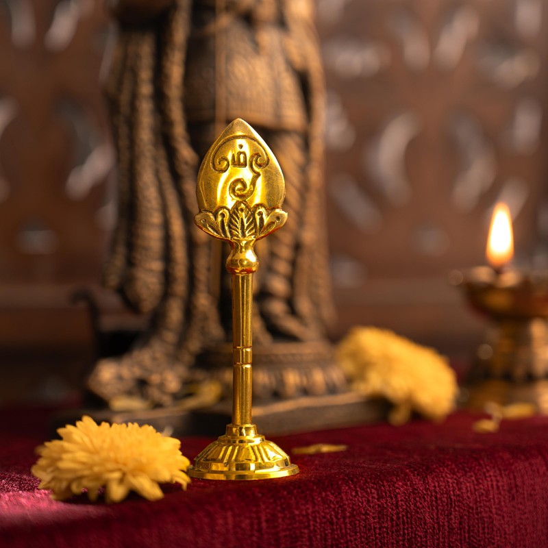 Brass Murugan Kartikaye Vel with Tamil Om and Shiva Tilak