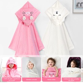 JAFEN Toalla para Bebe, Toalla de Baño para Bebe, Toalla para Bebe Recien Nacido, Microfibra Absorbente Bata, Suave y Ligero, para ninos 1 Mes - 5 Años, Regalos para Bebe(Gato Rosa + Oso Blanco)