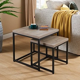 CENSI Modern Industrial Nesting End Table/Side Table for Living Room, Vintage Reclaimed Square Wood and Metal Coffee Table(20 inch, Gray-Wash Oak)