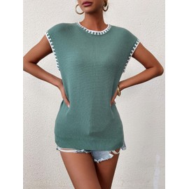 Women Knit Sweater Tops Cap Sleeve Summer Top 2025 Sleeveless Tank Tops Fashion Trendy Tshirts Clothes Fall Vest Blue