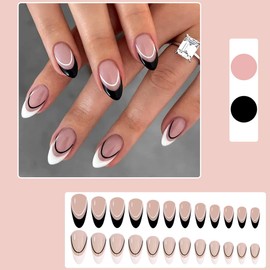 AkiliBIELY Almond Press on Nails Short Medium Black White Bare French Tip Fake Nails Women Glue on Nails Acrylic Gel Stick on Nails Cute Fantasy Classy Aesthetic False Nails Wedding Birthday