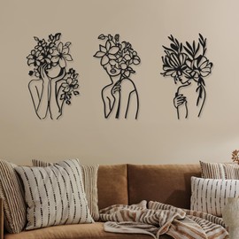 3 Pcs Metal Wall Art Decor Minimalist Abstract Woman Wall Art metal Modern Line Drawing Wall Art Decor Female Single Line Wall Home Hanging for Bedroom Kitchen Bathroom Living Room(Black, Vivid)