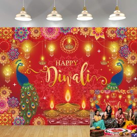 Happy Diwali Banner Diwali Backdrop for Indian Festival of Lights Decorations Deepavali Indian Party Outdoor Home Wall Photo Shoot Props (7X5FT)