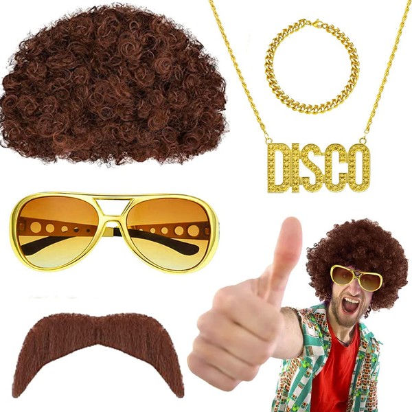 5 pcs Disco Hippie Costume 70s/80s Hippy Fancy Dress Accessories, 70s 80s Afro Hippy Wig/Hippie Funky Sunglasses/Fake Gold Bracelet/Disco Necklace/Fake Mustache for Kids Mens Women