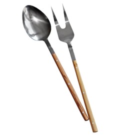 NATUREHOME Design Stainless Steel Salad Servers with Olive Wood Handle - Elegant Combination Metal Salad Servers with Olive Tree Wooden Handle