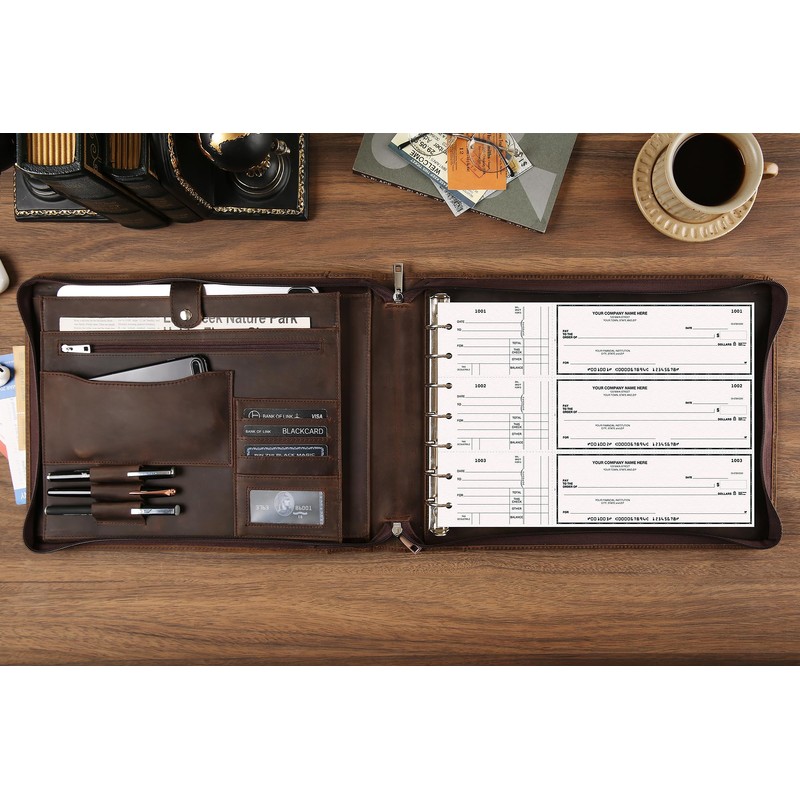 Leather Business Checkbook Binder - 7 Ring Zippered Binder with