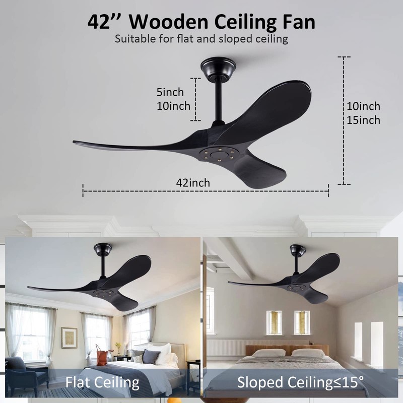 KBZZ 42 inch Ceiling Fan no Light, Black Solid Wood