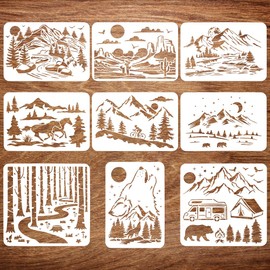 FINGERINSPIRE 9 Pcs Landscape Painting Large Stencil Set - 8.3x11.7" & 11.8x11.8" Mountains, Woods, Wolves, Horses, Houses, Cars, Bears, Human Themes for DIY Wood Floor Tile