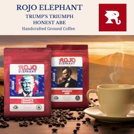 Rojo Elephant Handcrafted Ground Coffee, 100% Arabica Beans, 11 0z Bags Pack of 2, Trump's Triumph, Honest Abe Decaf, Excellence Pack