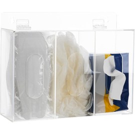 zoomto Face Mask Dispenser Box ,3 Compartment Acrylic Gloves Holder Hygiene Station with Lid, Shoe Cover and Hairnet,Wall Mount Holes or Tabletop Holder